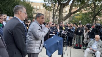 New York Congressman, Adriano Espaillat, speaking at Bennett Park vigil.